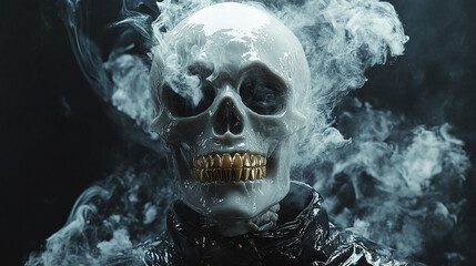 Crâne blanchâtre aux dents en or, vêtu de latex noir dans un paysage surnaturel hyper-réalist