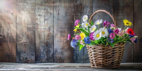 Fototapeta premium Rustic basket of colorful wildflowers