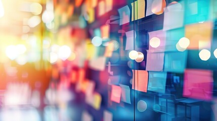 Colorful sticky notes on a glass wall, blurred background.