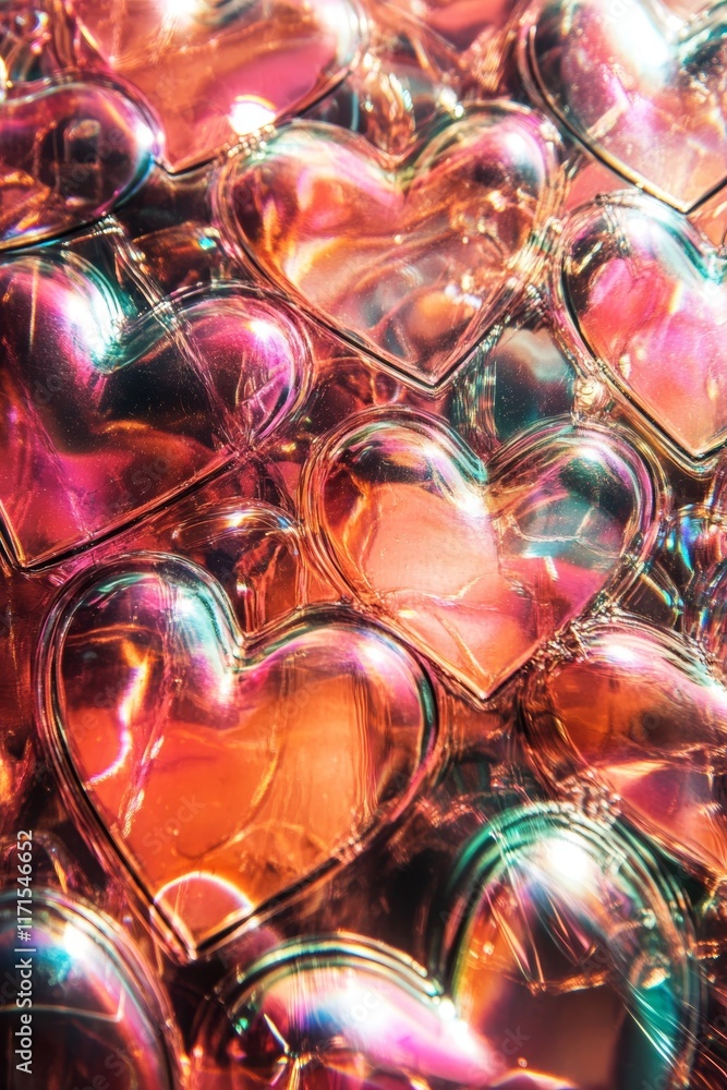 Poster holographic foil background with heart-shaped reflections in iridescent colors and a clean white cen