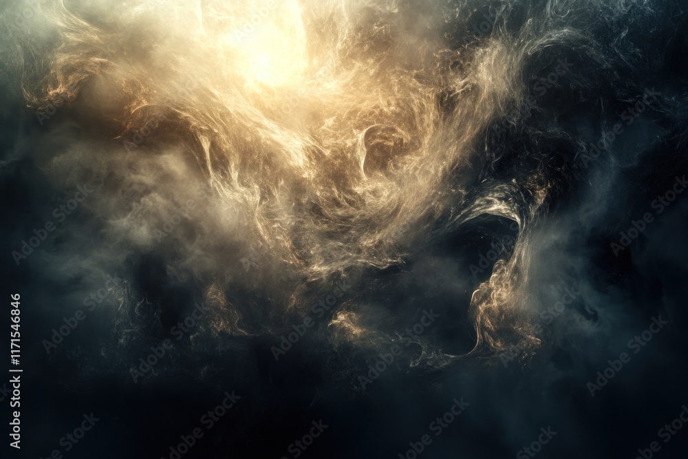 Poster A whirlwind of smoke and light creates an abstract composition of dynamic chaos and movement in muted darkness