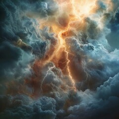 Lightning strike on cloudy dramatic stormy sky background
