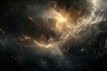 Smoke and light swirl together in a chaotic dance, forming abstract shapes against a dark backdrop