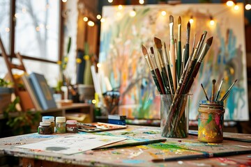 Fototapeta premium Artist's workspace with paintbrushes and paints.