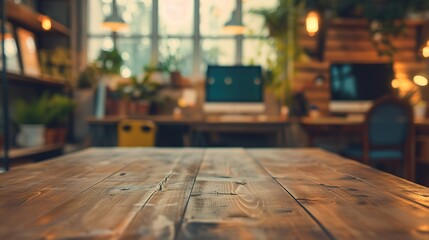 Rustic wooden table in a cozy workspace.