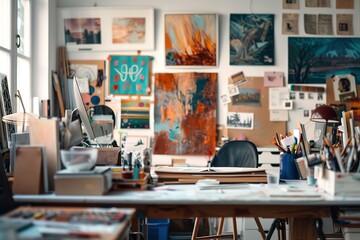 Creative workspace with art supplies and paintings adorning the walls.