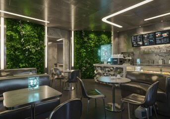 Futuristic café design with metallic furniture and a holographic menu in a serene atmosphere