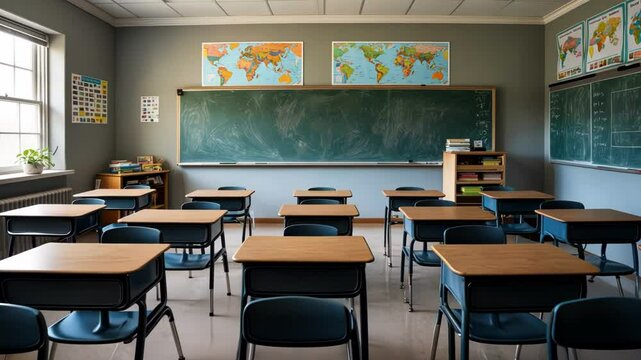 Empty classroom showcases desks, chalkboard, and maps, evoking an educational atmosphere with a focus on learning and organization