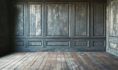 Naklejka premium a realistic, vintage interior with darkened wooden walls and floors, Dark atmospheric room, weathered wooden walls, distressed paneling
