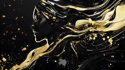 A flowing female design crafted from dynamic milk and gold textures on a vivid black backdrop