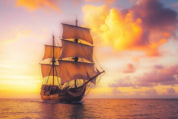 Obraz premium A large ship sails through the ocean on a beautiful, colorful sunset. The sky is filled with clouds, creating a serene and peaceful atmosphere. The ship's sails are billowing in the wind