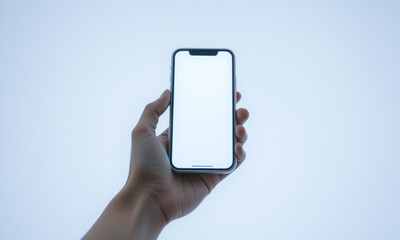 hand holding smartphone with blank screen against plain background, showcasing modern technology and minimalism