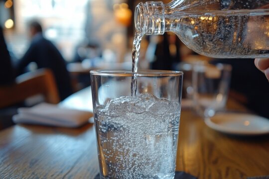 Sparkling water fills a glass at a restaurant