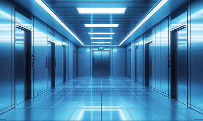 Obraz premium minimalist, industrial-style room with sleek, gray metal lift, walls and floors, multiple elevator doors, reflective floor, fluorescent ceiling lights