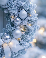 Frosted Christmas wreath with silver ornaments and ribbon