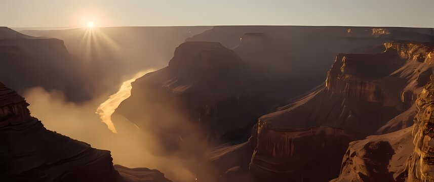 A breathtaking view of a canyon illuminated by the golden hour sun
