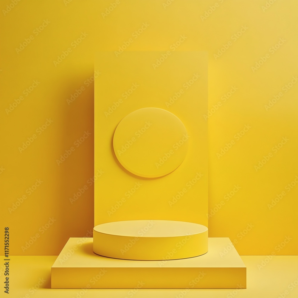Poster minimalist display with vibrant yellow background and matching yellow circular pedestal on slightly 