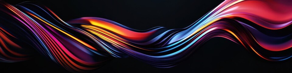 Abstract flowing ribbons, vibrant colors, dynamic motion, iridescent waves, glowing light trails, fluid energy, dark background, digital art, surreal, futuristic, ethereal, smooth curves, 3D rendering