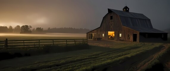 Fototapeta premium A charming rustic farm scene with a weathered barn surrounded by fields