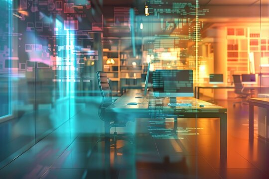 Modern office workspace with computers and data overlay.