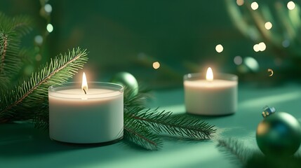 Two candles glowing on a green background with holiday decoration