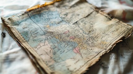 Naklejka premium An old treasure map lies on a rustic surface. Its creases and faded colors tell stories of adventures. The allure of exploration beckons you. Generative AI