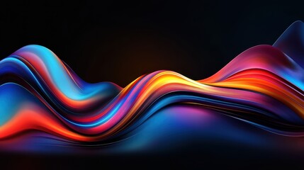 abstract waves, flowing lines, vibrant colors, neon, purple, blue, orange, black background, dynamic motion, digital art, fluid curves, 3D render, futuristic, psychedelic, colorful ribbons, energy flo