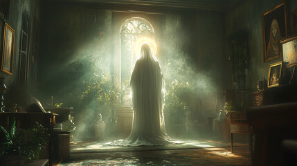 The Pure Mary in a serene dream, glowing halo surrounding an angelic figure, celestial light softly illuminating the quiet house, intricate details in furnishings reflecting peace and spirituality,