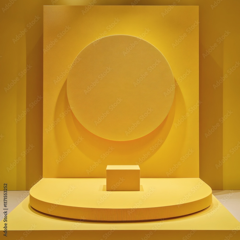 Poster minimalist display with vibrant yellow background and matching yellow circular pedestal on slightly 