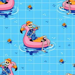 Seamless Pattern of Skeletons in Hawaiian Shirts Drinking Cocktails on Flamingo Floaties