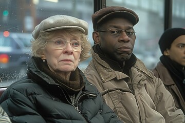 Fototapeta premium Vibrant urban scene diverse passengers commuting together on a city bus journey