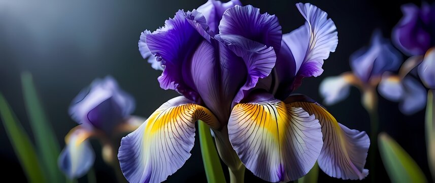 A closeup of freshly bloomed iris flowers showcasing unique colors and patterns