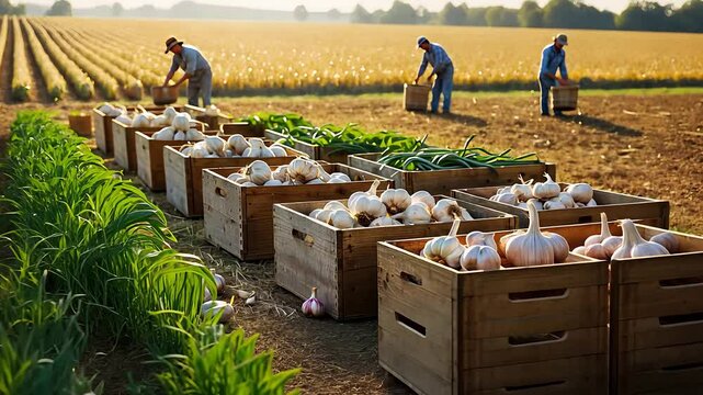 Farmers Harvesting Garlic and Vegetables into Wooden Crates in a Field with Rows of Crops Under Bright Daylight

