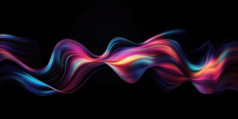 Obraz premium Abstract flowing ribbons, vibrant colors, dynamic motion, iridescent waves, glowing light trails, fluid energy, dark background, digital art, surreal, futuristic, ethereal, smooth curves, 3D rendering
