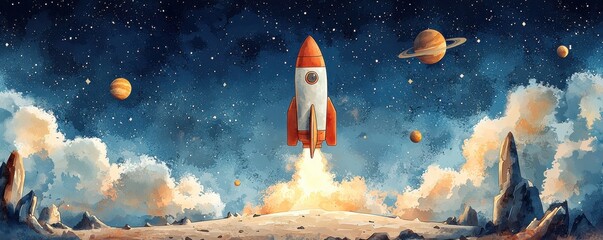 Cute cartoon rocket blasting into a starry space sky