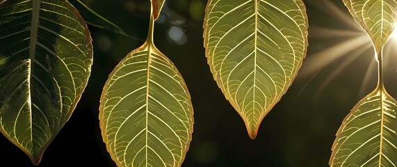 A closeup of unique leaf patterns captured in sunlight creating intricate designs