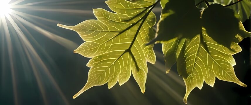 A closeup of unique leaf patterns captured in sunlight creating intricate designs