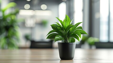 Green plant in a black pot on a wooden desk in a modern office.