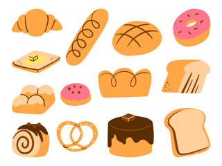 Artisan Bakery Bread and Pastry Collection. A collection of 13 bakery-themed elements, including breads, pastries, and desserts, designed in warm tones and cozy, artisanal styles