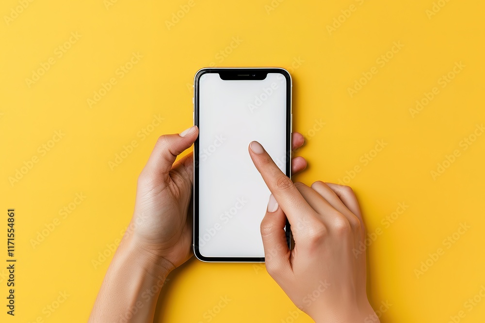 Poster hands using smartphone with blank screen on yellow background.