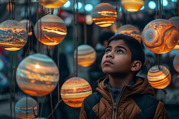 Naklejka premium Young boy in awe at planet display in space exhibit, reflecting curiosity about the universe