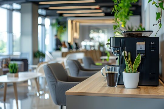 Coffee break in a modern office lounge. Relaxing atmosphere with plants and comfortable seating.