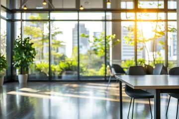 Modern office space with large windows and city view.