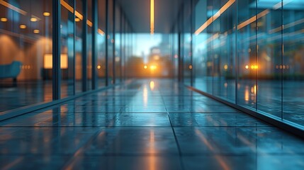 Modern glass corridor with city view at sunset.