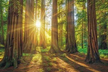 Sunbeams filtering through a majestic forest of tall trees.
