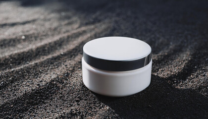 White cream jar on black sandy surface. Cosmetic product. Beauty and skin care concept.