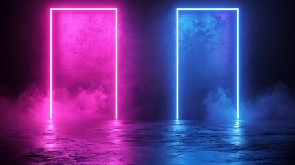 Fototapeta premium Neon Light Frames Illuminate Smoky Dark Room