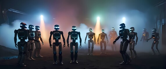 A futuristic gathering of robots participating in community events celebratory atmospheres