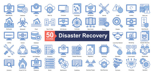 Disaster Recovery Icon Collection Set.Containing data security, database, virus, back up, computer, publication, file backup, service, threat icon. Simple blue style Vector Illustration.
