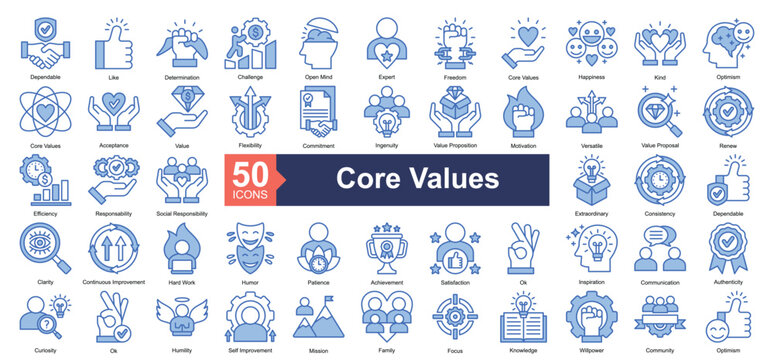 Core Values Icon Collection Set.Containing dependable, like, determination, challenge, open mind, expert, freedom, core values, happiness, kind, icon. Simple blue style Vector Illustration.